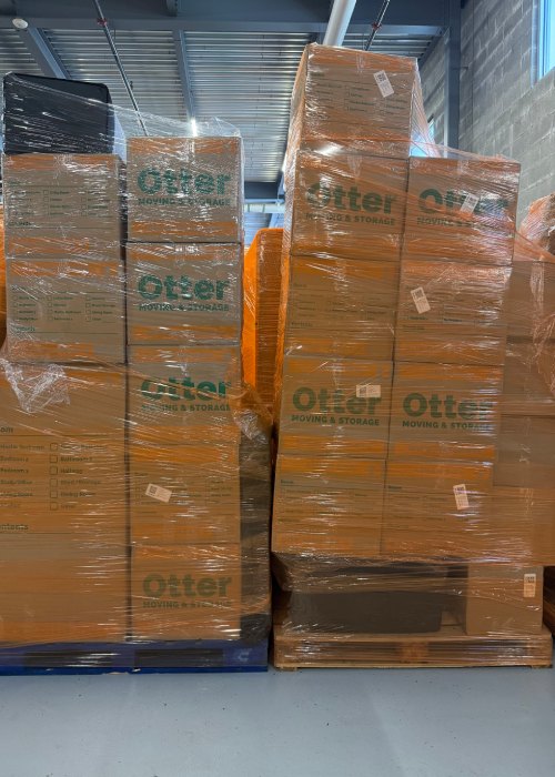 Stored items secured on a pallet at the Otter Moving & Storage facility